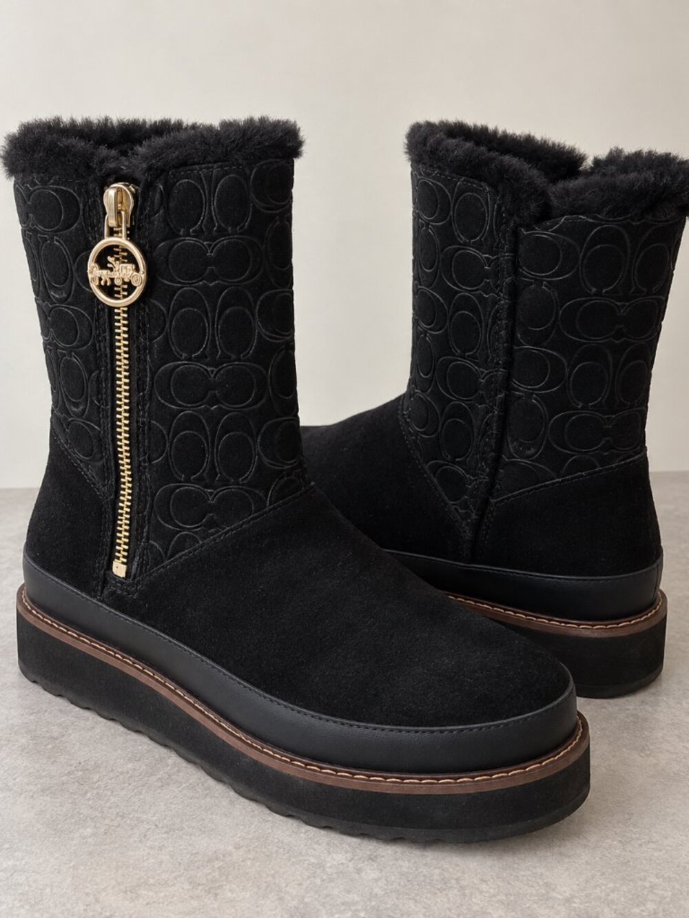 Coach Isa Black Suede Signature Shearling Boots Size 9